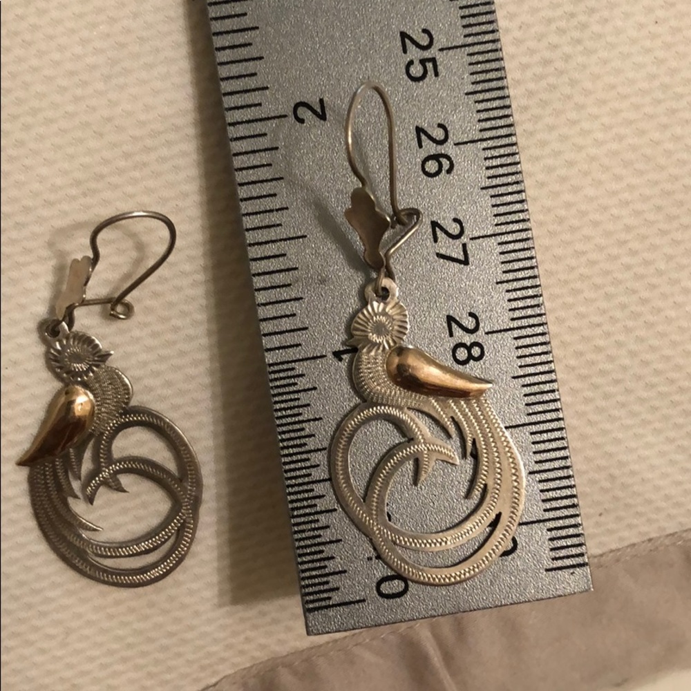 Sterling bird with plumes and gold wing earrings. - Picture 3 of 3